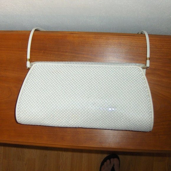 Whiting and Davis International Shoulder Bag White Mesh Leather Clutch Evening - Picture 4 of 11